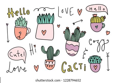 Cute cozy home theme cacti collection. Pretty little things. Hand drawn set of different cactus and succulents. Lettering phrases. Vector illustrations.