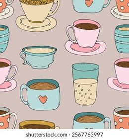 cute, cozy, homemade mugs, cups and glasses with tea, coffee and cocoa on a beige background, vector seamless endless pattern, cute design element