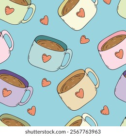 cute, cozy, homemade mugs with a heart for cocoa on a blue background, vector seamless endless pattern, cute design element