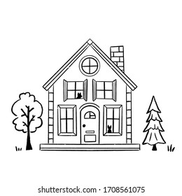 Acogedora casa con mascotas en las ventanas, árboles y nubes. Ilustración de un refugio para animales. Apoyo animal. Elemento para diseño, gráficos.