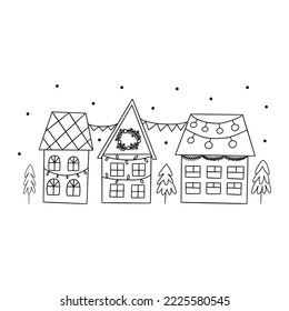 Cute cozy houses decorated for Christmas and New Year. Trees are growing nearby and it is snowing. Vector black and white illustration isolated hand drawn. Winter holiday season