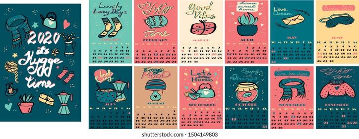 Cute cozy hygge 2020 Calendar. Yearly Planner Calendar with all Months. Good Organizer and Schedule. Bright colorful illustration design