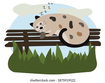 Cute and cozy illustration for a children's book. Funny fat cat sleeps and snores on a park bench. The pet is resting in nature. Self-walking of cats. Farm background for baby bedroom, nursery poster