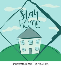 cute and cozy illustration with drawn house and text "stay home" 