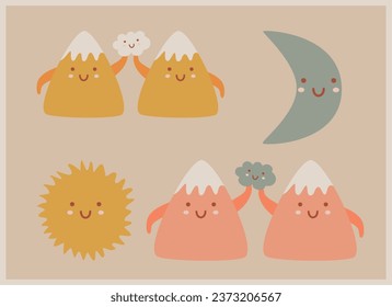 cute cozy illustration-set with mountains, clouds, sun and moon
