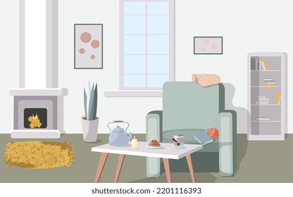 Cute and cozy interior of the living room with a sofa, fireplace, table, interior items, comfortable autumn season in the style of Hugge.