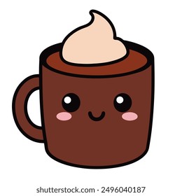 Una linda y acogedora Ilustración vectorial de taza de chocolate caliente kawaii con expresiones faciales adorables y Elementos caprichosos.