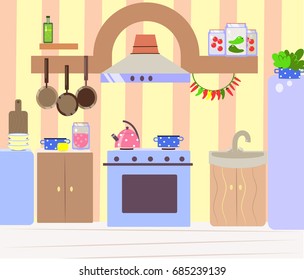 Cute cozy kitchen, flat cartoon interior background