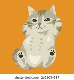 Cute and cozy kitten enjoying a lazy moment. Cartoon flat vector illustration.