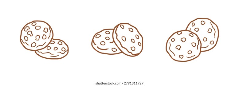 Cute and cozy line art vector illustration collection featuring three pairs of delicious chocolate chip cookies. Minimalist hand-drawn design of traditional American cookies and crunchy sweet biscuits with chocolate chunks. Perfect for bakery and cafe menus, pastry shop branding, recipe books, kitchen decor, packaging, stickers, and sublimation prints. Isolated on a white background, evoking warm hygge vibes, family baking, and comfort food.
