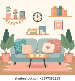 Acogedora sala de estar con suelo de baldosa, sala de estar, sofá, flores cubiertas, mesa baja, estanterías, reloj, alfombra. Ilustración del vector