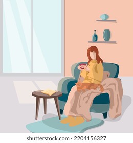 Cute and cozy living room interior with a girl in an armchair with a cup of coffee in her hands and a cat on her lap, comfortable for the autumn season in the style of Hugge
