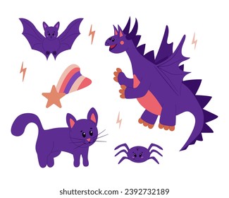 Cute and cozy magical creatures collection. Flat vector cartoon animals in purple colors. Dragon, bat, spider and cat. Perfect for printout, stickers, prints