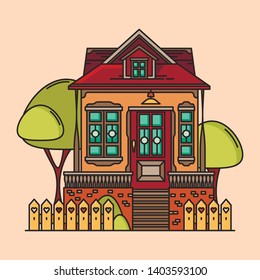 Cute cozy outline house. Vector cartoon illustration.
