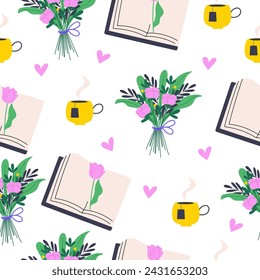 Cute and cozy pattern with floral bouquet, book and cup of tea. Vector seamless design on white background.