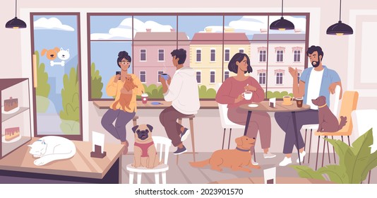 Cute cozy pet-friendly coffee shop with funny dogs, cats and their owners vector cartoon illustration
