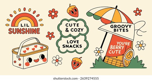 Cute and cozy picnic scene featuring playful illustrations of strawberries basket flowers and a groovy umbrella perfect for summer