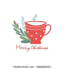 Cute cozy postcard cup with a drink and a spruce sprig. Merry christmas lettering. Miniature design. Vector illustration.