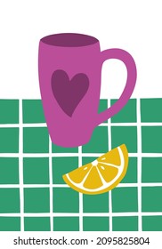 Cute and cozy poster with coffee or tea mug and lemon on a checkered background. Vector flat hand drawn illustration in cartoon style for wall decor, postcards or other