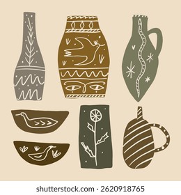 Cerâmica de ilustração de cerâmica acolhedora bonito com faces abstratas vases de hobby gráficos modernos e fundo de vasos, cerâmica artesanal projeto de superfície de vetor de papel de parede em estilo minimalista. Formas orgânicas