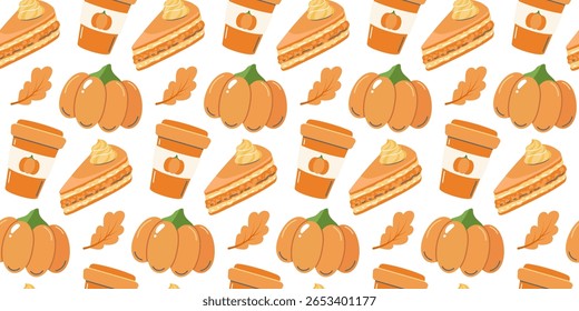 Bonito acolhedor tempero de abóbora sem costura padrão com abóboras, folhas, fatias de bolo e café de abóbora. Perfeito para designs de outono sazonal, papelaria ou decoração de casa. Ilustração vetorial
