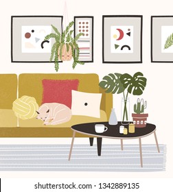 Cute cozy room with cat sleeping on comfy sofa, coffee table, potted plants, home decorations. Comfortable house or apartment decorated in modern Scandinavian hygge style. Flat vector illustration.