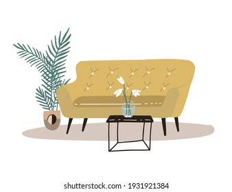 Cute cozy room with yellow comfy sofa, coffee table, potted palm plant, vse woth flowers. Comfortable house or apartment. candinavian hygge style. Isolated hand drawn Flat vector illustration