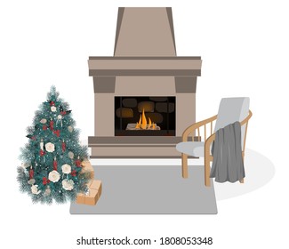 El interior escandinavo, agradable y acogedor, ilustraciones vectoriales de hígge invernal. Chimenea, árbol de Navidad decorado, silla y manta. Fondo plano de caricatura.