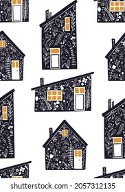 Cute and cozy Scandinavian pattern with houses in flowers. Isolated on the white background. 
