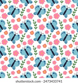 Nettes und gemütliches Seamless Muster mit Schmetterling, Ästen und Blumen. Hintergrund für Kinder. Frühling oder Sommer Flora und Fauna. Vektorgrafik flache Abbildung.