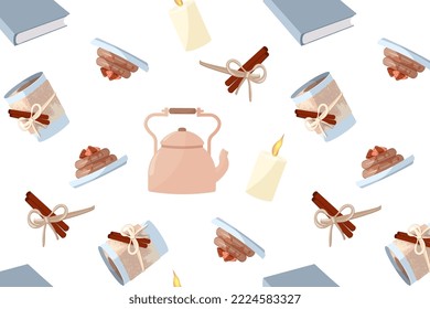 Cute and cozy seamless pattern of objects for relaxing, reading, tea drinking, autumn season in the style of hugge