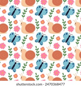 Cute and cozy Seamless Pattern with snail, butterfly, branches and flowers. Children background. Spring or summer flora and fauna. Vector flat illustration.