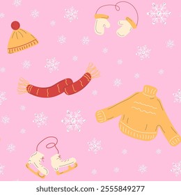 Cute and cozy seamless pattern with warm winter clothes, sweater, cap, scarf, mittens, skates, and white snowflakes. Cute background for seasonal and winter holiday designs