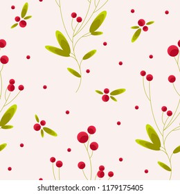 Cute and cozy seamless pattern with winter plants, red bilberry, cowberry, cranberry, holly berry. Rustic natural scandinavian style Christmas wrapping paper, wallpaper, textile design.
