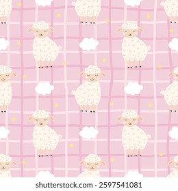 Cute and cozy seamless vector illustration with sheep, cloud and delicate floral elements in a neutral, airy color palette, ideal for nursery textiles, wallpaper, and spring-themed wrapping paper