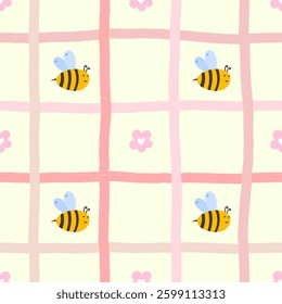 Cute and cozy seamless vector illustration with blooming flowers, bees, and subtle stripes in a neutral color palette, ideal for nursery textiles, wallpaper, and wrapping paper