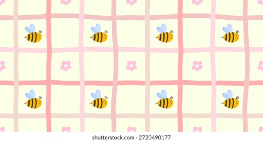 Nette und gemütliche nahtlose Vektorgrafik mit blühenden Blumen, Bienen und subtilen Streifen in einer neutralen Farbpalette, ideal für Baumschultextilien, Tapeten und Verpackungspapier