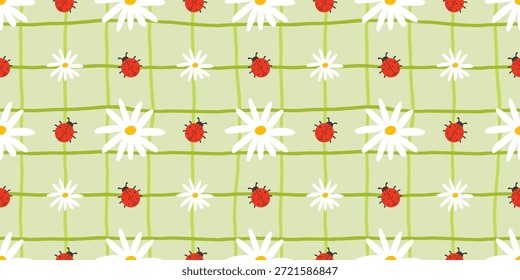 Ilustração de vetor sem emenda bonito e acolhedor com joaninhas divertidas, florais florescentes e um fundo quadriculado, ideal para tecidos de bebê, papel de parede e papel de embrulho