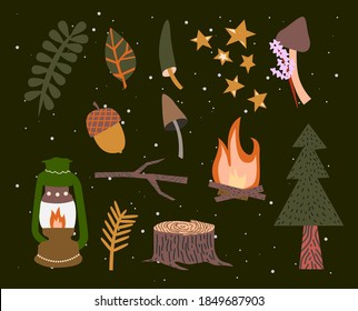 Cute and cozy set of autumn illustrations. Scandinavian style autumn vector elements. Campfire, fir-tree, acorns, camping lamp, stars, picnic and hiking mood
