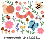 Cute and cozy set of snail, worm, butterfly, bee, ladybug, mushrooms and flowers. Children clip art. Spring or summer flora and fauna. Vector flat illustration.