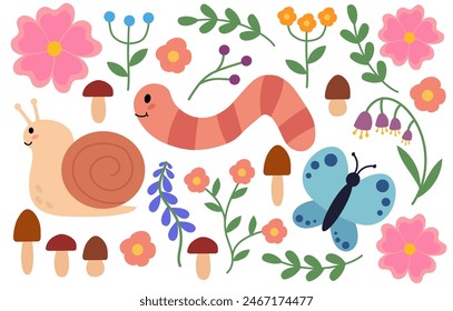 Cute and cozy set of snail, worm, butterfly, mushrooms and flowers. Children clip art. Spring or summer flora and fauna. Vector flat illustration.