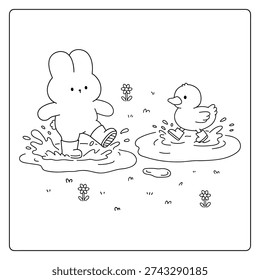 Cute Cozy Spring Rain Coloring Page of Bunny and Duck Jumping into a Puddle Creating Small Splashes. Cute Cozy Coloring Page of Bunny and Duck Playing in a Spring Rain Puddle. Black and White Line Art Illustration of Adorable Animal Friends Playing Outdoors and Celebrating Friendship.