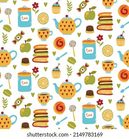 Cute cozy tea and sweets seamless vector pattern