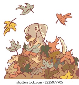 Cute and cozy vector illustration of a puppy (dog) playing in a pile of leaves. Colored flat illustration. Hand drawn, doodle style.