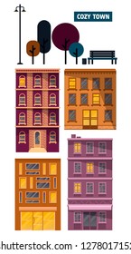 Cute cozy vector town. Classic style street, night. Set. Element. Banner, postcard, card,background.