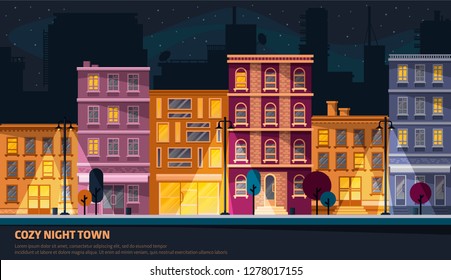 Cute cozy vector town. Classic style street, night. Set. Element. Banner, postcard, card,background.