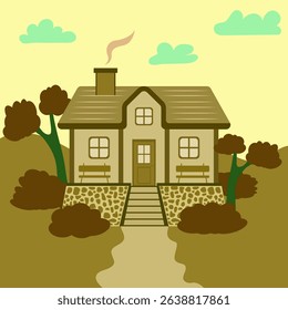 Cute cozy village house with trees and garden. Design Concept Home Village. Cozy countryside, fields, village building nature concept. Fairytale colonial retro house illustration, sign, symbol, object