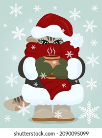 A cute and cozy winter cat wearing a hat and a scarf, a warm coat, mittens and boots. Santa cat holding a warm drink, Christmas kitty dressed like Santa in a snowfall 