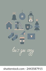 Cute Cozy Winter Christmas Vector Greeting Card Elements