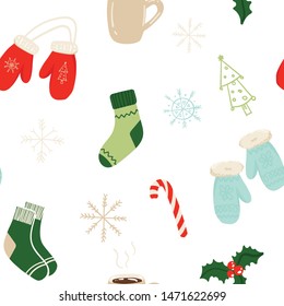 Cute and cozy winter hand drawn seamless pattern for wrapping paper or coverage print. Doodle knitted mittens and warm socks, cacao cup; snowflakes, fir tree and mistletoe. Flat vector illustration.